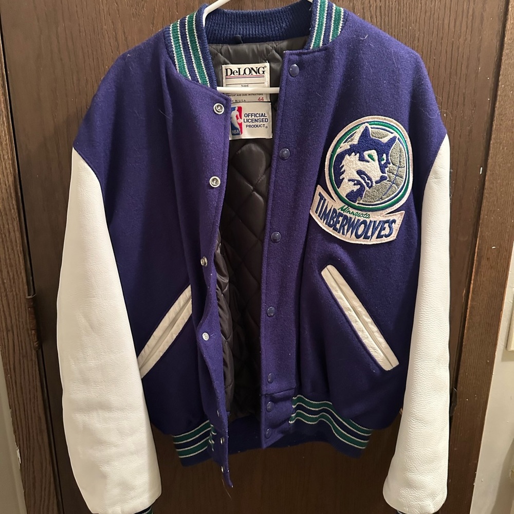 1990 Timberwolves Blue and White Varsity Jacket